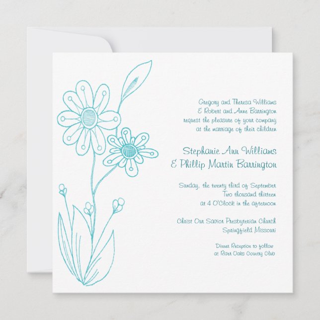 Whoopsie Daisy Simple Flowers Aqua Blue Wedding Invitation (Front)