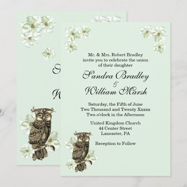 Whoo's Getting Married Gold Owl Flowers Mint Green Invitation (Front/Back)