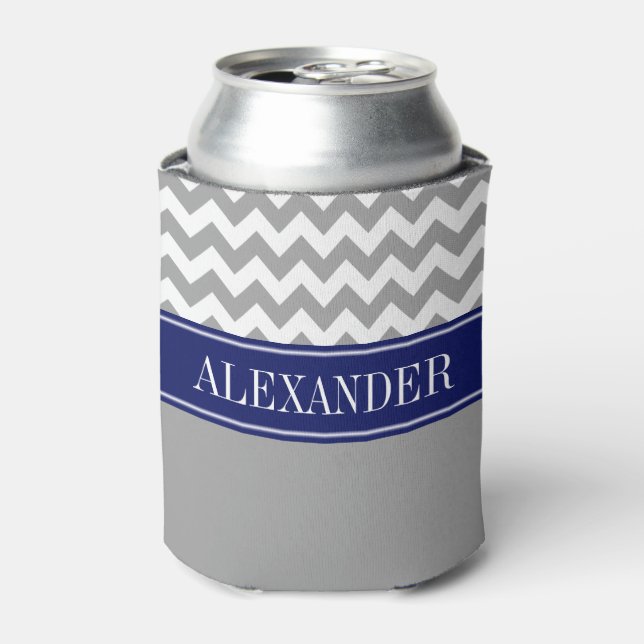 Wht Chevron CB Navy Name Monogram Can Cooler (Can Front)