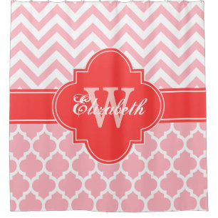 Wht Coral Red Moroccan #5 Chevron 1IQRN Shower Curtain