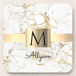 Wht & Gold Marble Gold Box, Script Name & Monogram Coaster
