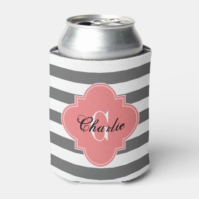 Wht Horiz Stripe LtCoral Name Init Monogram Can Cooler (Can Front)