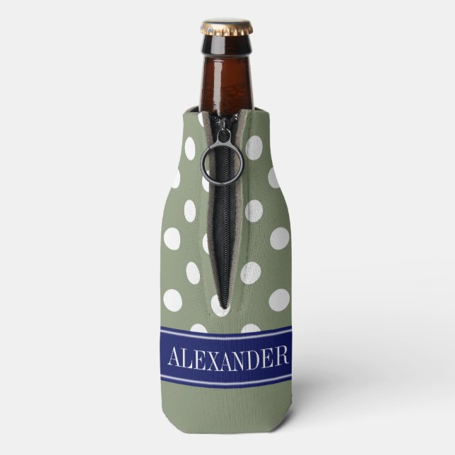Wht LG Polka Dot CB Navy Name Monogram Bottle Cooler (Bottle Back)