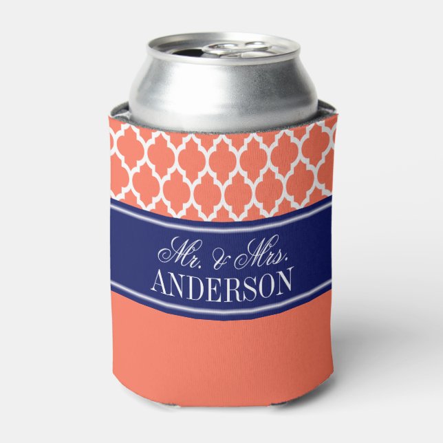 Wht Moroccan #4 CB Navy Name Monogram Wedding Can Cooler (Can Front)