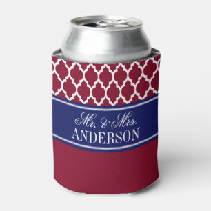 Wht Moroccan #4 CB Navy Name Monogram Wedding Can Cooler