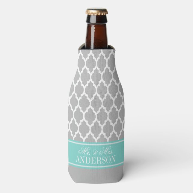Wht Moroccan #4 CB Turquoise Name Wedding Bottle Cooler (Bottle Front)
