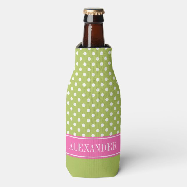 Wht Polka Dot CB Hot Pink Name Monogram Bottle Cooler (Bottle Front)