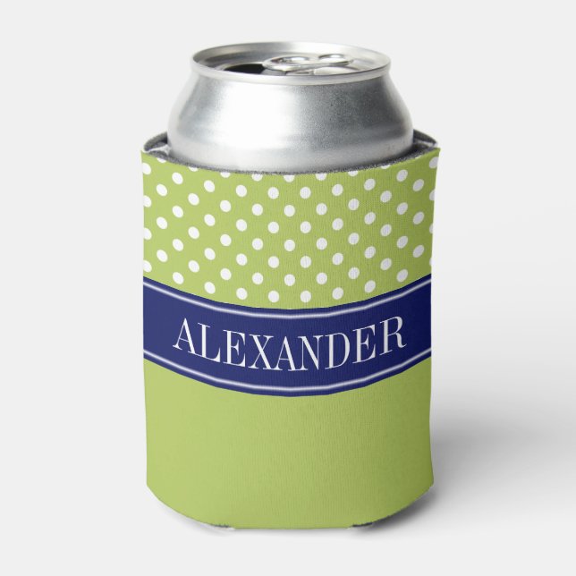 Wht Polka Dot CB Navy Name Monogram Can Cooler (Can Front)