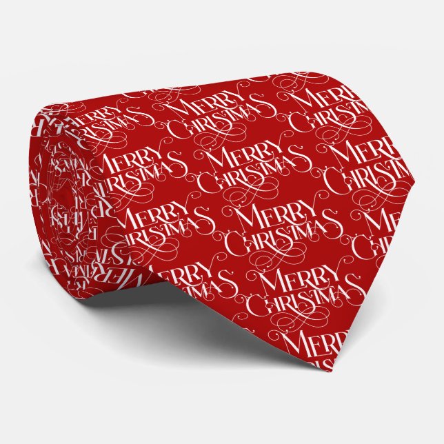 Whte Merry Christmas Retro Typography On Red Tie (Rolled)