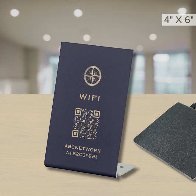 Wi-Fi Access QR Code Navy Blue Gold Logo Pedestal Sign (Creator Uploaded)