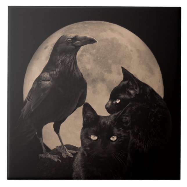 Wicca Cat, Raven and Moon Vintage Tile (Front)