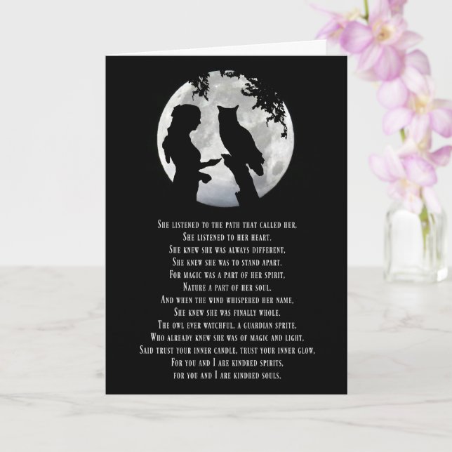 Wicca Inspired Birthday with Poem Girl Owl Moon Card (Orchid)