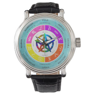 wicca wheel of the year with pentagram clock watch
