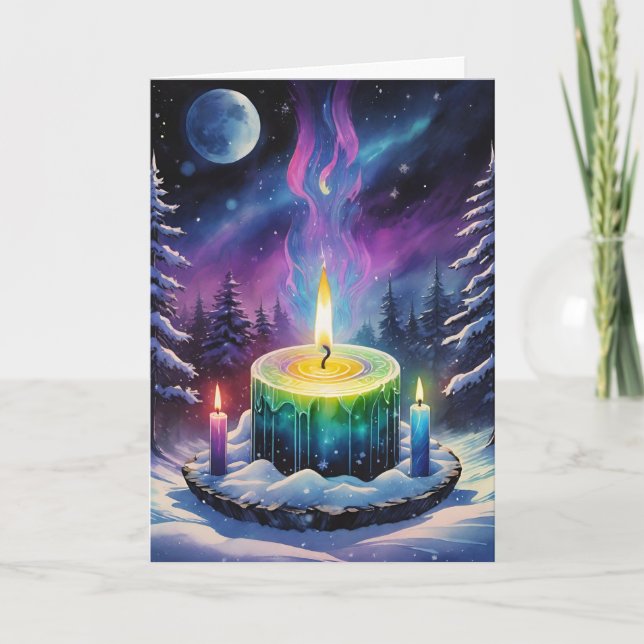 Wiccan Imbolc Rainbow Candles in Snowy Forest Holiday Card (Front)