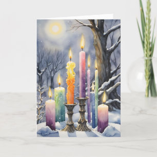 Wiccan Imbolc Rainbow Candles in Snowy Forest Holiday Card