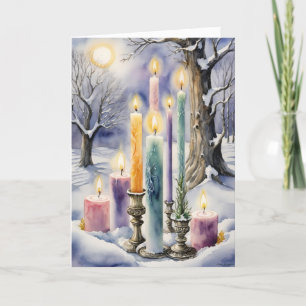 Wiccan Imbolc Rainbow Candles in Snowy Forest Holiday Card