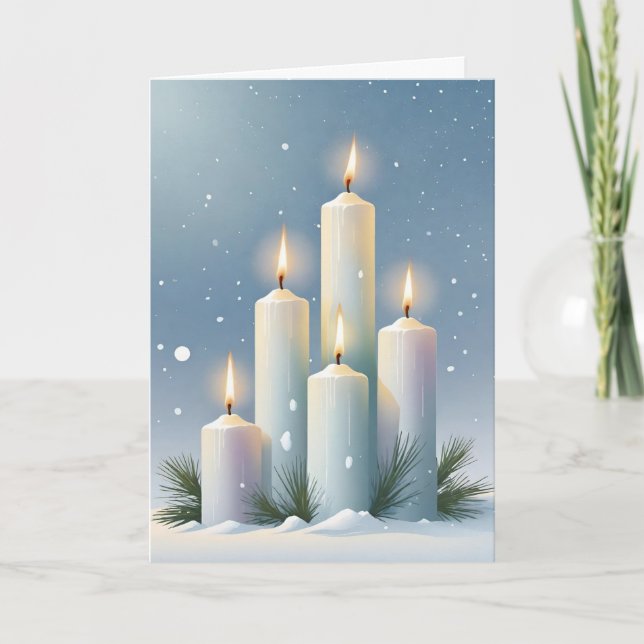 Wiccan Imbolc White Candles in Snowy Forest Holiday Card (Front)