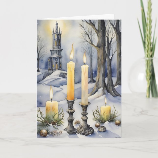 Wiccan Imbolc Yellow Candles in Snowy Forest Holiday Card (Front)