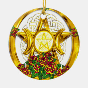 Wiccan Pagan Pentacle Gold With Roses Ceramic Tree Decoration