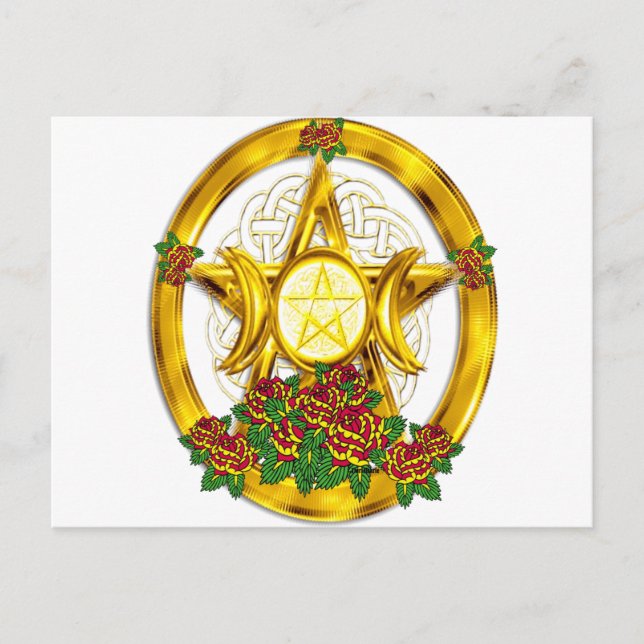 Wiccan Pagan Pentacle Gold With Roses Postcard (Front)