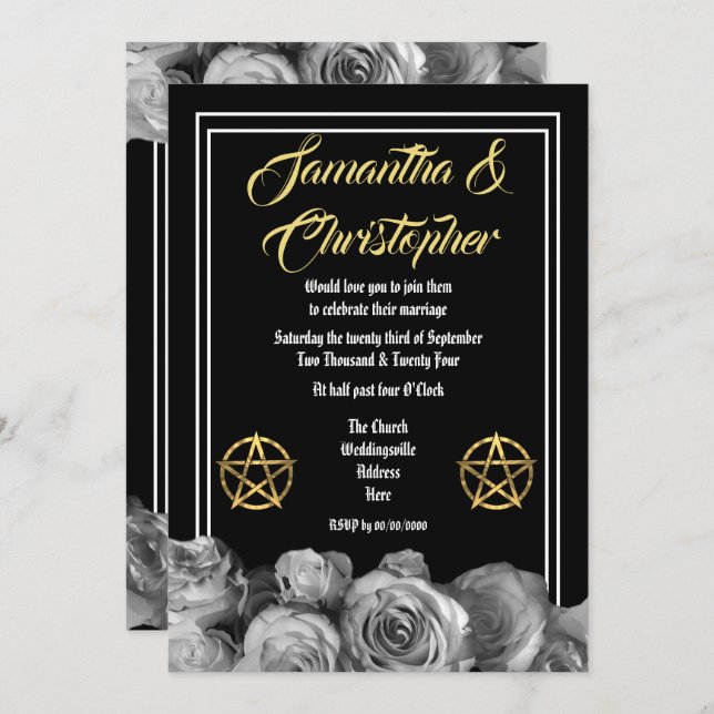 Wiccan pentacle black wedding invitation (Front/Back)
