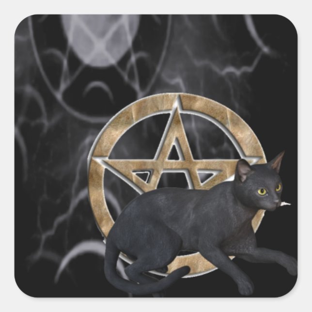 Wiccan pentacle with black cat square sticker (Front)