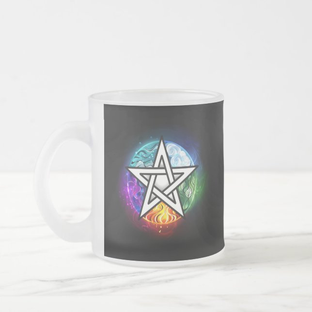 Wiccan pentagram frosted glass coffee mug (Left)