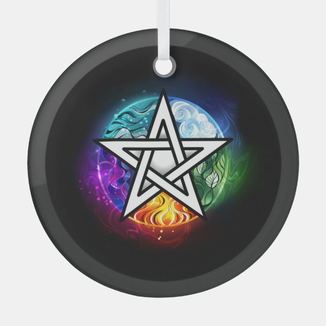 Wiccan pentagram glass tree decoration (Front)
