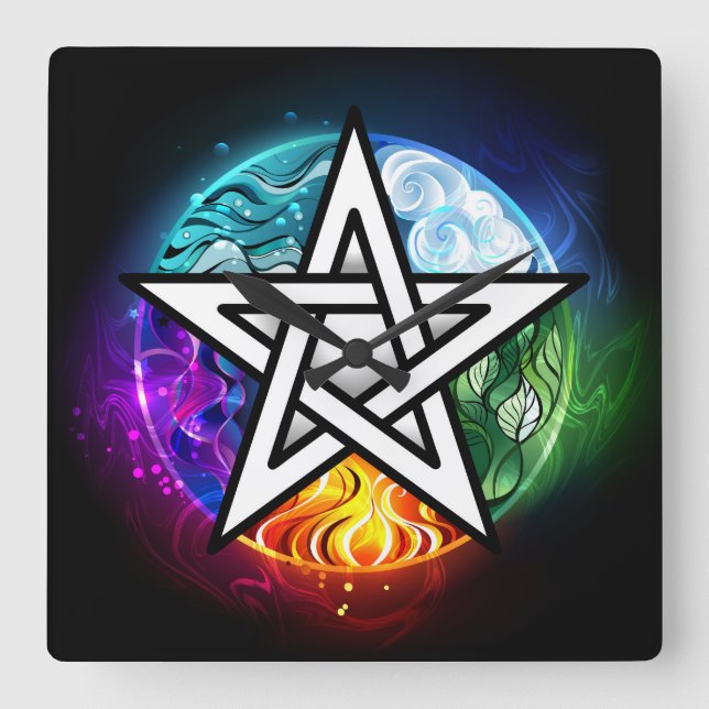 Wiccan pentagram square wall clock (Front)