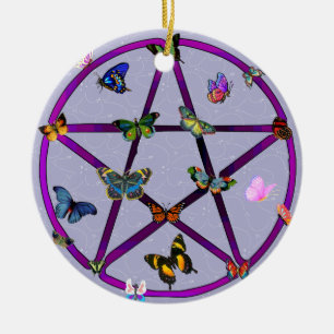 Wiccan Star and Butterflies Ceramic Tree Decoration