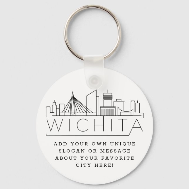 Wichita, Kansas Stylized Skyline | Custom Slogan Key Ring (Front)