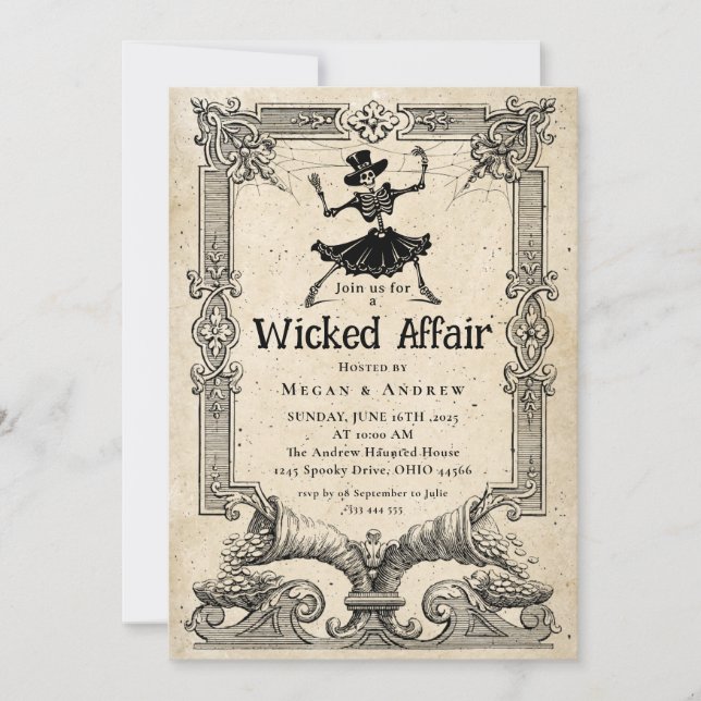 Wicked Affair Halloween Vintage Gothic Skull Invitation (Front)