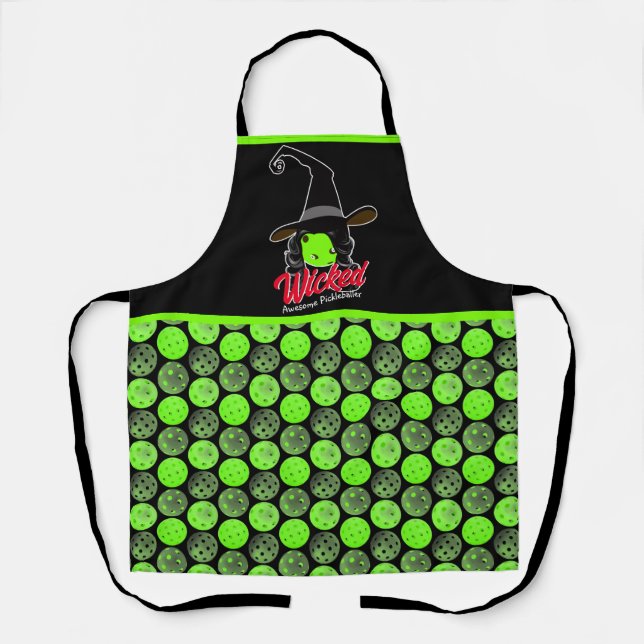 Wicked Awesome Green Pickleball Witch Halloween Apron (Front)