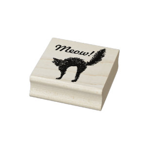 Wicked Black Cat Meow Wood Print Return Address Ru Rubber Stamp