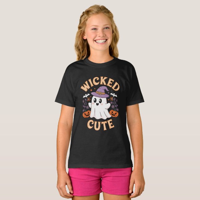 Wicked Cute Halloween Ghost in Witch Hat T-Shirt (Front Full)