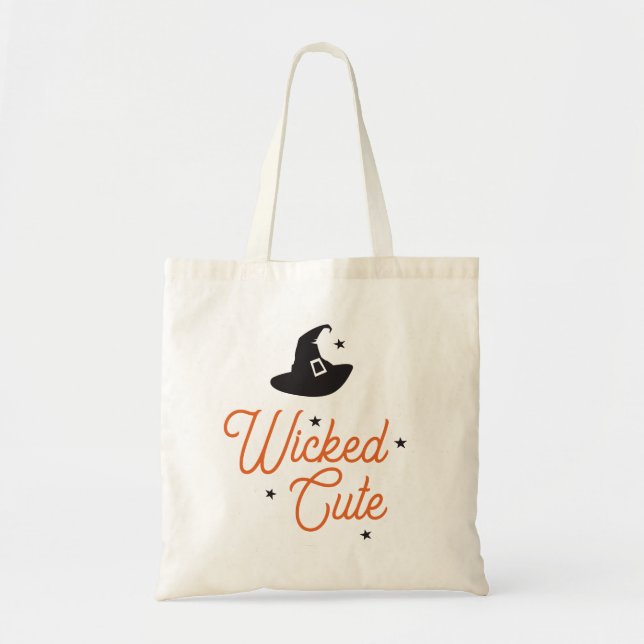 Wicked Cute, Witch Hat, Broom, Halloween Tote Bag (Front)