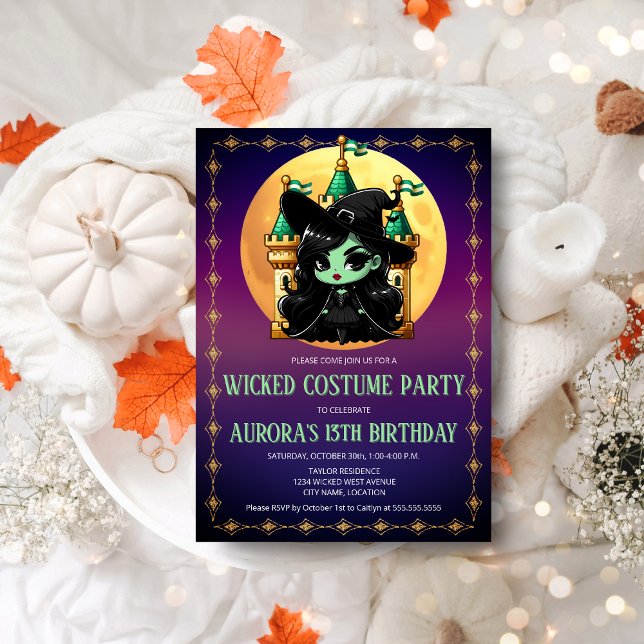 Wicked Fun Green Witch Halloween Birthday Invitation (Wicked fun green witch Halloween / October party invitation front view)