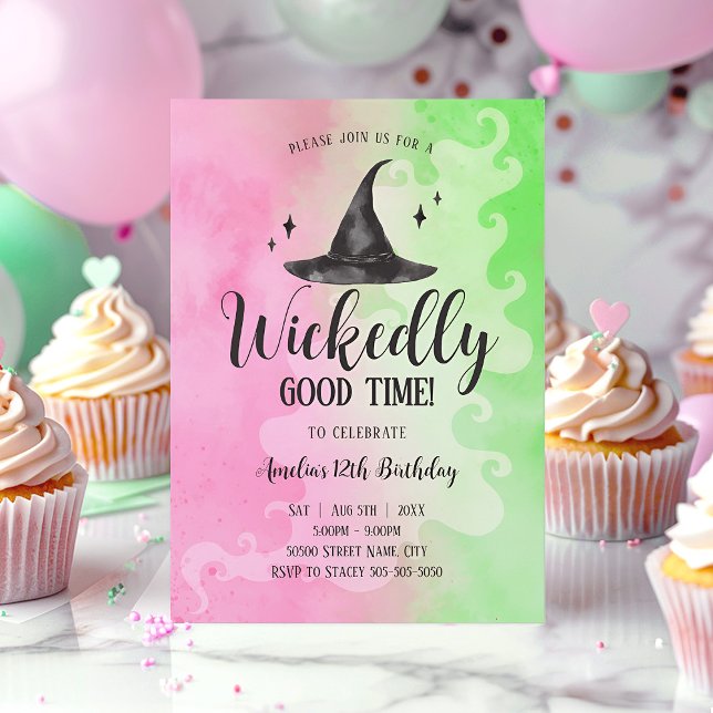 Wicked Good Time Birthday, Pink Green Witch Hat  Invitation (Wickedly Good Time Invitation)