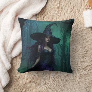 Wicked Halloween Witch in Purple and Black Cushion