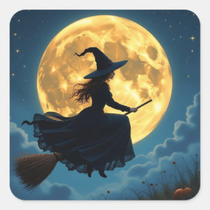 Wicked Halloween   Witch on Broom with Full Moon Square Sticker