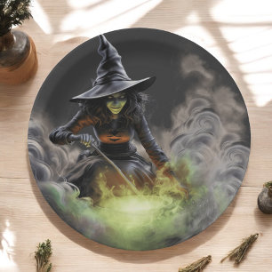 Wicked Halloween Witch Stirring Boiling Cauldron Paper Plate