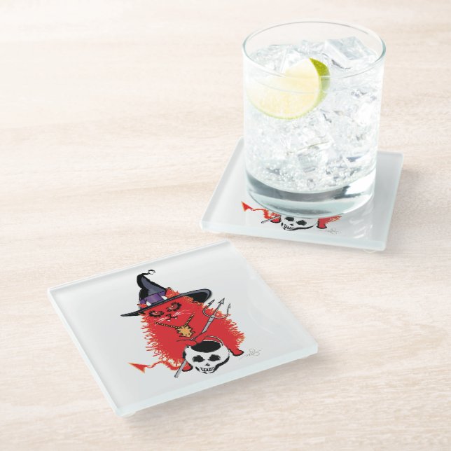 Wicked Kitty Devil Cat Trick or Treat Glass Coaster (Angled)