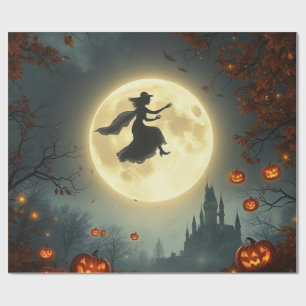Wicked Mystical Witch Flying Over Full Moon 🌕 Wrapping Paper