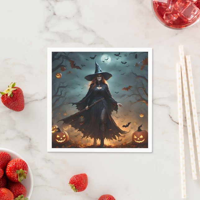 "Wicked Night: Scary Halloween Witch and Her Bats" Napkin (Insitu)