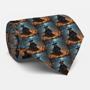 "Wicked Night: Scary Halloween Witch and Her Bats" Tie