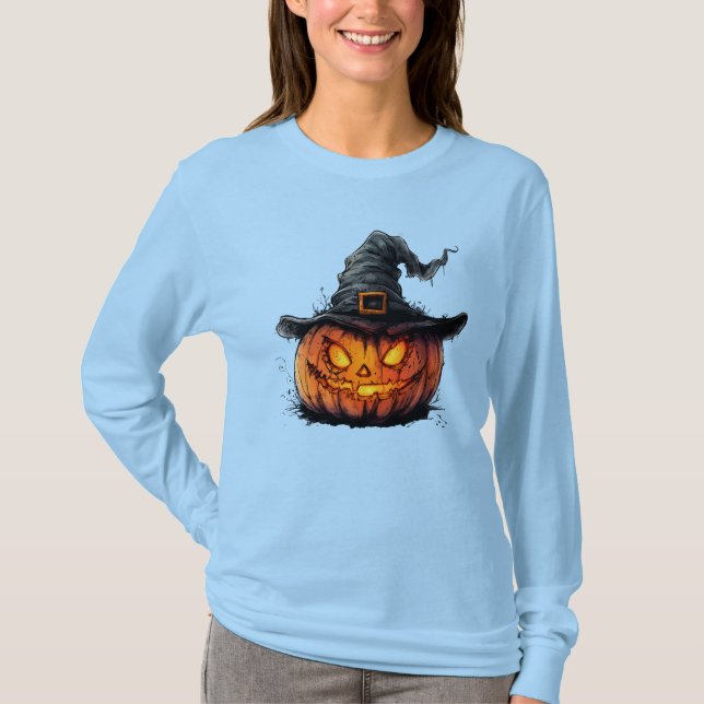Wicked Pumpkin Witch Hat Halloween T-Shirt (Front)