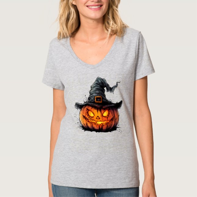 Wicked Pumpkin Witch Hat Halloween T-Shirt (Front)
