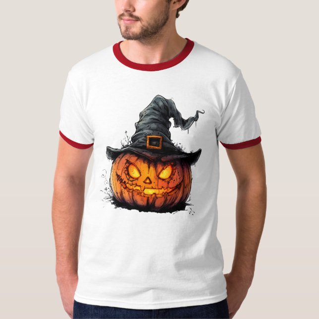 Wicked Pumpkin Witch Hat Halloween T-Shirt (Front)