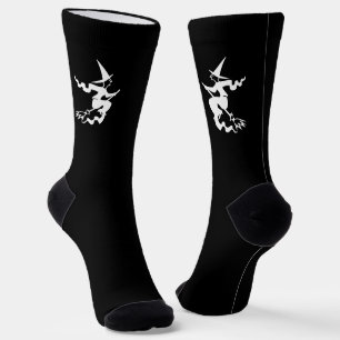 Wicked Spooky black white flying witch Halloween Socks