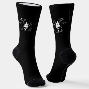 Wicked Spooky black white flying witch Halloween Socks